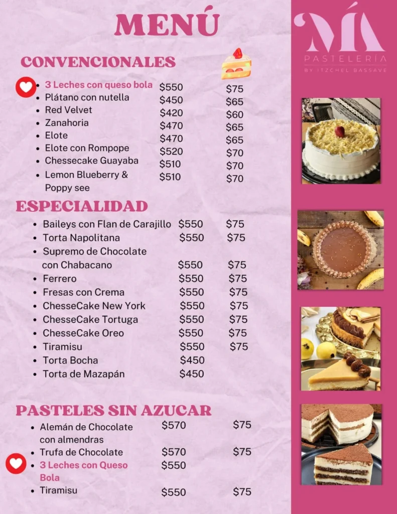 Menú MÍA Pastelería y Eventos